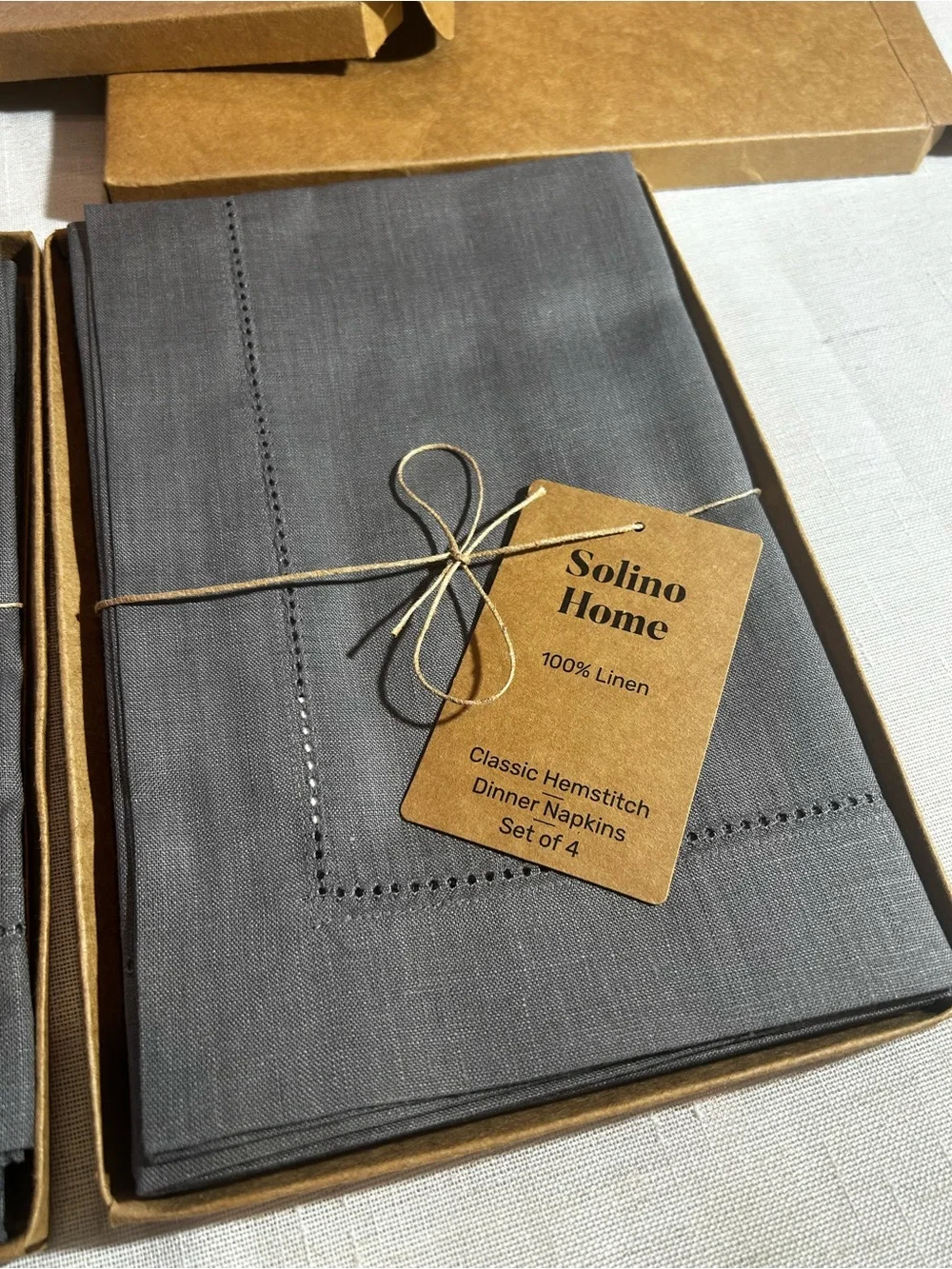 New Solino Home 100% Linen Classic Hemstitch Dinner Napkins – Grey (2 sets of 4)